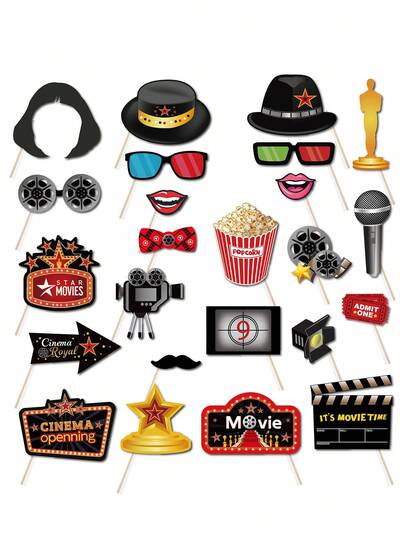 24pcs Photo Booth Props Black Gold Red Selfie Signs - Movie Night Themed Party Supplies & Decorations - Cute Oscars Designs, Movie Night Party Supplies Decorations Red Carpet Cutouts Movie Party Cards Table Toppers ﻿