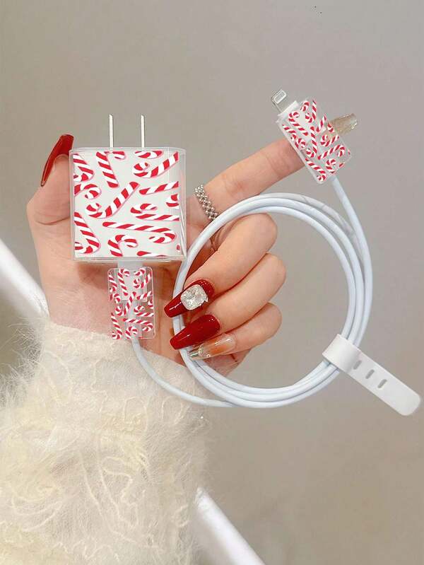 Christmas Candy Cane Pattern Transparent TPU Charging Accessory Kit Compatible With 18W/20W Adapter Cover With Cable Protector For IPhone 13/14/15 - Transparent Charger Protective Case Set, Great For Christmas Gift