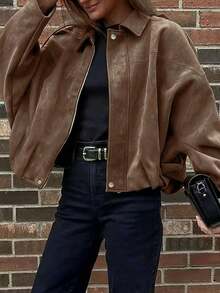 大码蝙蝠袖外套，拉链设计，银色纽扣，褶裥下摆，女士时尚柔软面料长袖街头风宽松轻薄外套，适合春秋季穿着 - 棕色 - 查看 2