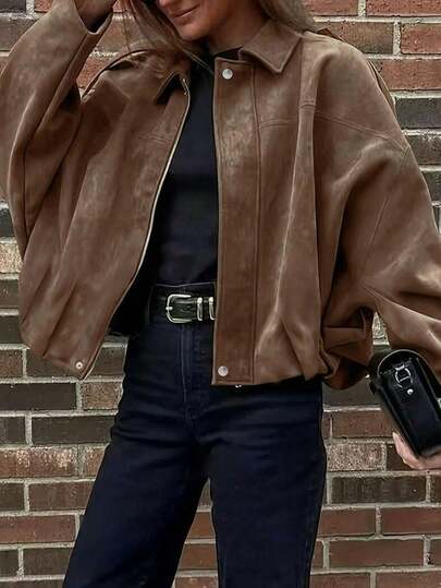 Plus Size Jacket With Batwing Sleeves, Zipper, Silver Buttons, Pleated Hem, Women's Fashion Soft Fabric Long Sleeve Street Style Loose Fit Lightweight Jacket For Spring & Autumn