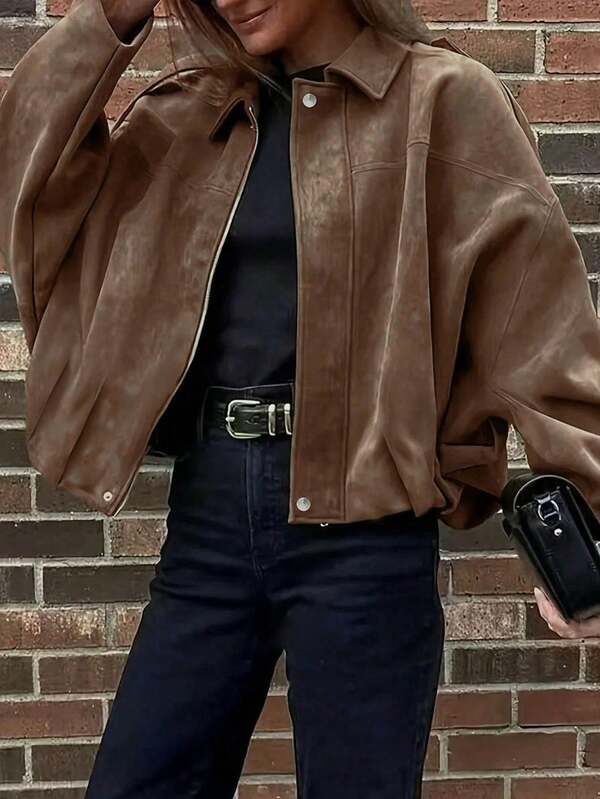 Plus Size Jacket With Batwing Sleeves, Zipper, Silver Buttons, Pleated Hem, Women's Fashion Soft Fabric Long Sleeve Street Style Loose Fit Lightweight Jacket For Spring & Autumn