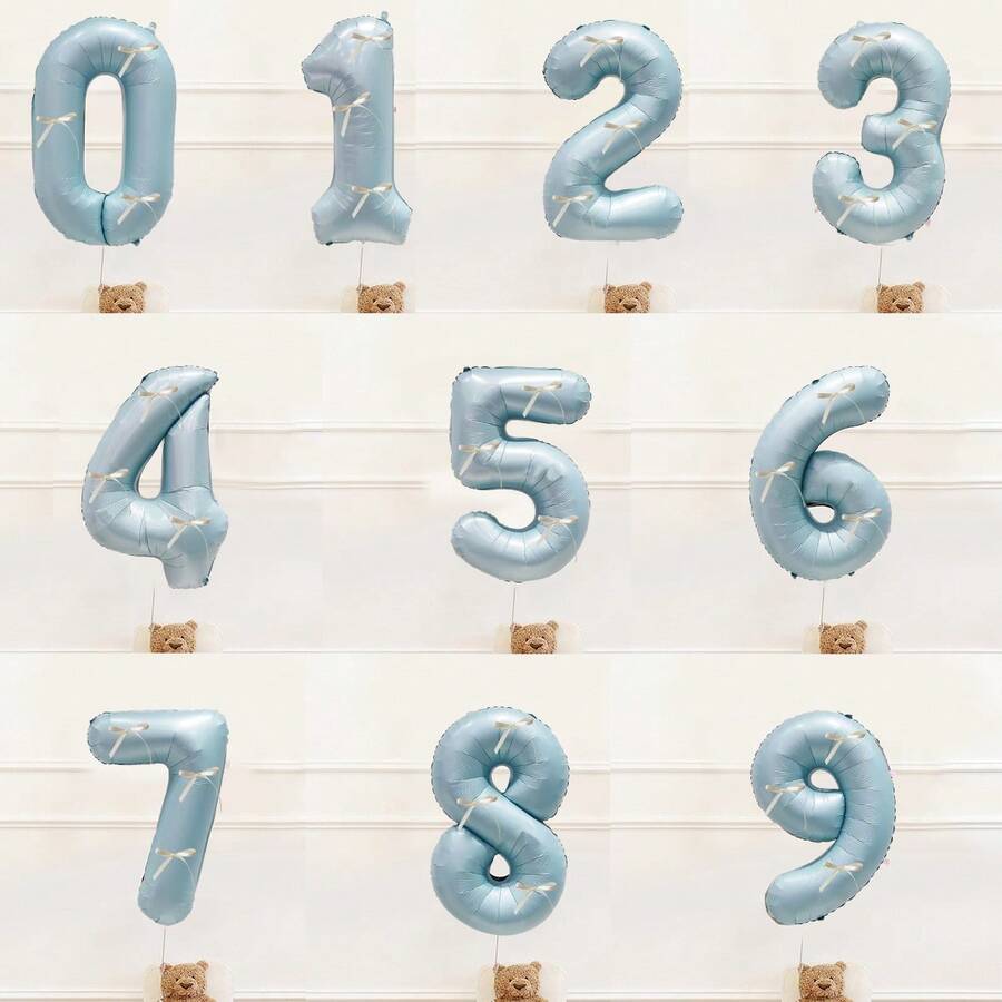 4pcs/Set 32-Inch Blue Digital Balloon Decorations, Featuring White Bows As Embellishments. Suitable For Birthday Party Decorations, Home Party Setup, And Various Festival Celebration Decorations - Blue - View 1