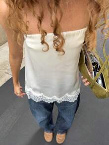 Women Satin Lace Trim Strapless Tube Tops Flowy Silk Backless Sleeveless High Low Tank Tops Boho Layering Bustier Top - trắng - Xem 2