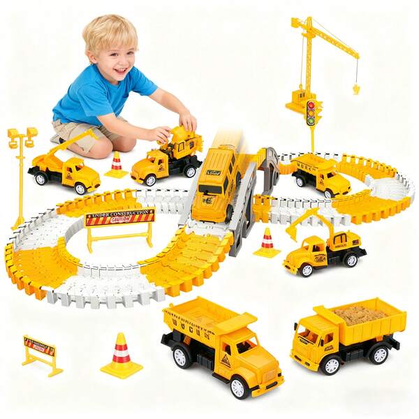 135pcs Children's Racing Car Track Building Toy Set, Includes Construction Truck & Car Toys, Flexible Engineering Road, Battery Powered (36V And Below), Suitable For 3-12 Years Old Boys & Girls Electric Track Racing Car Toys, Connectable Track, Great For Christmas, Easter, Halloween, New Year, Birthday Gifts, Batteries Not Included