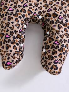 2pcs Newborn Baby Girls Leopard Print Bow Decor Outfit Set, Leopard Print Jumpsuit, Suitable For All Seasons - Multicolor - View 6