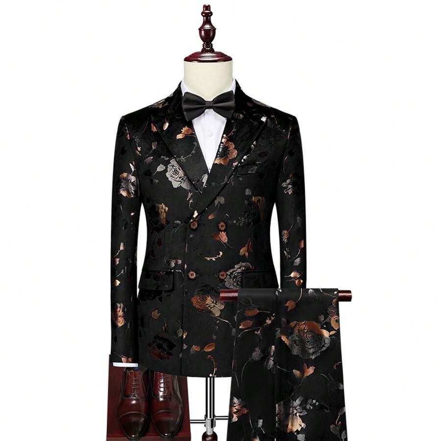 Elegant Men's Suit - Hot New Arrival Four-Season Men's Korean-Style Slim-Fit Printed Formal Wear Business Casual Suit - Korean-Style Two-Piece Set - 黑色上衣+褲子 - 查看 1