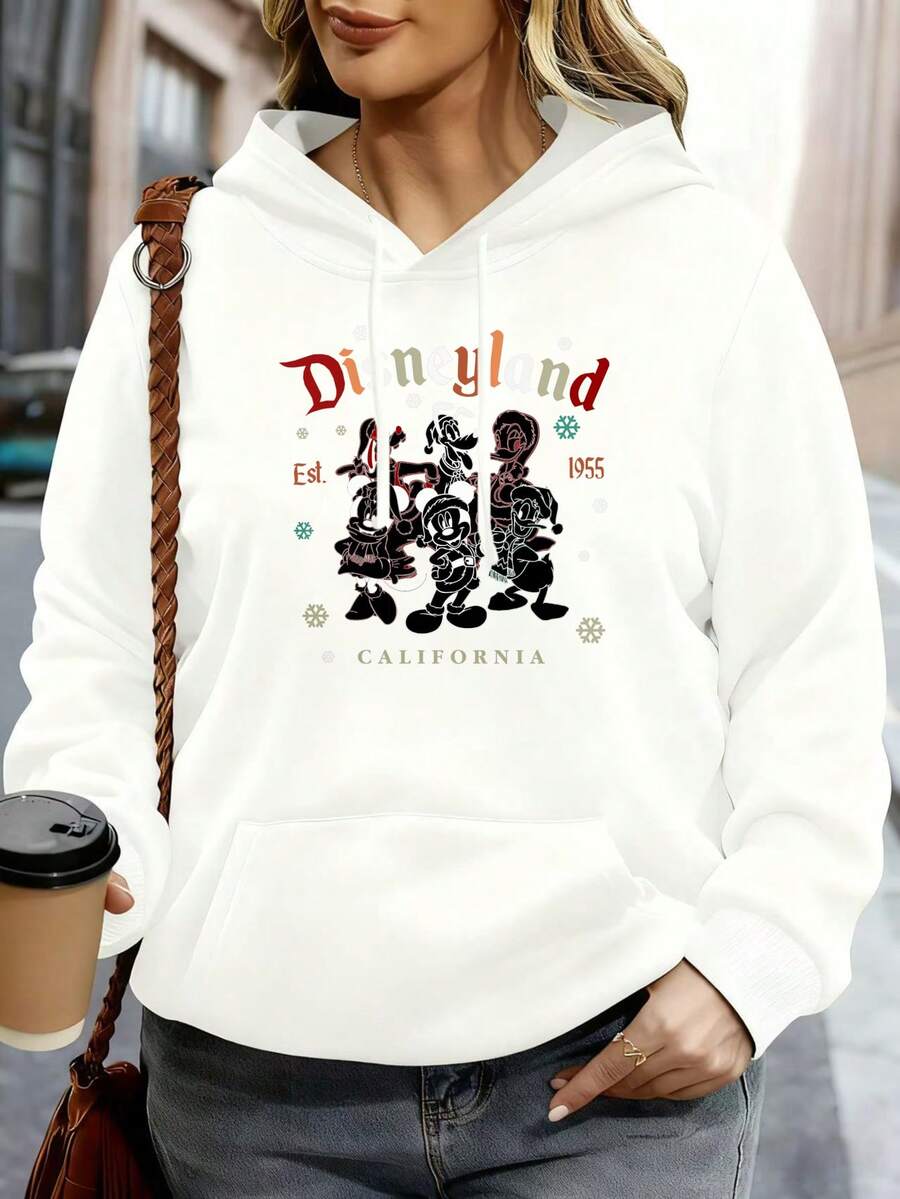Disney Hoodie White Mickey Minnie Donald Snowflake Print California 1955 Est Disneyland Theme Park Casual Wear For Women And Men - 白色 - 查看 1