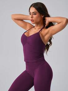 NcmRyu 1 Set Women's Fashion Casual Minimalist Versatile Backless Shaping Tank Top And Pants Sportswear Set - Purple - View 9