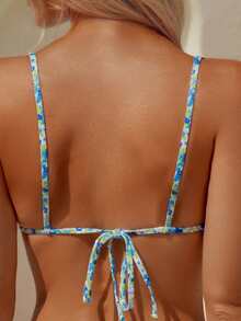 wohenmeili 女士夏季沙滩碎花系带性感比基尼泳衣套装 - 白底藍花 - 查看 8