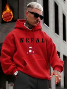 Krometka 男士连帽衫，秋冬新品 | 美式街头风尼泊尔国旗印花保暖套头连帽衫 - 紅色 - 查看 1