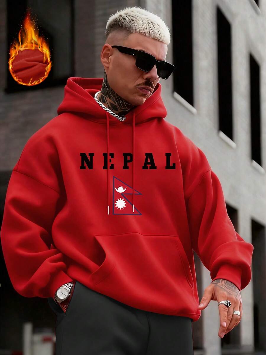 Krometka 男士连帽衫，秋冬新品 | 美式街头风尼泊尔国旗印花保暖套头连帽衫 - 紅色 - 查看 1