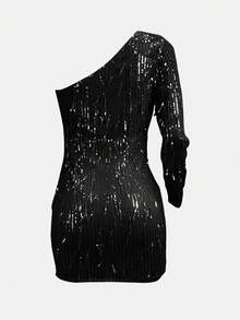 單肩亮片緊身連衣裙 - 黑色 - 查看 2