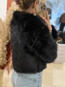 女式圆领宽松短款仿皮草时尚休闲夹克 - 黑色 - 查看 2