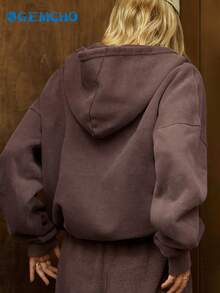 GEMCHO 女士纯色长袖拉链连帽外套，带前袋，秋季款 - 中紫紅色 - 查看 2
