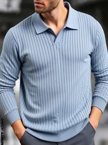 Polo para hombre de manga larga, ideal para otoño e invierno. Con diseño acanalado de líneas verticales, tejido suave y cómodo, cuello clásico y ajuste moderno. Perfecto para combinar con jeans y pantalones casuales, ofrece un estilo elegante y versátil para reuniones, trabajo o salidas cotidianas, brindando sofisticación y confort en todo momento. - Celeste - Ver 3