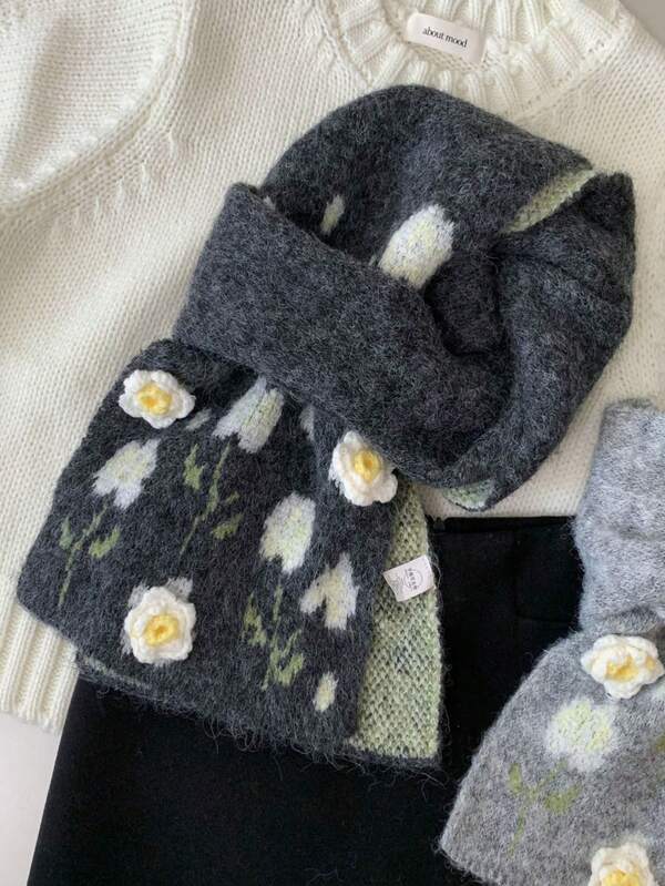 1pc Women's Camellia 3D Knitted Scarf, Korean Style, Casual & Versatile, Autumn/Winter