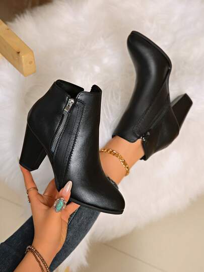 Botas de tobillo de tacón alto de cuero para mujer en invierno, con cremallera lateral en estilo occidental, tacón grueso de grano de madera, elegantes botas marrones/negras