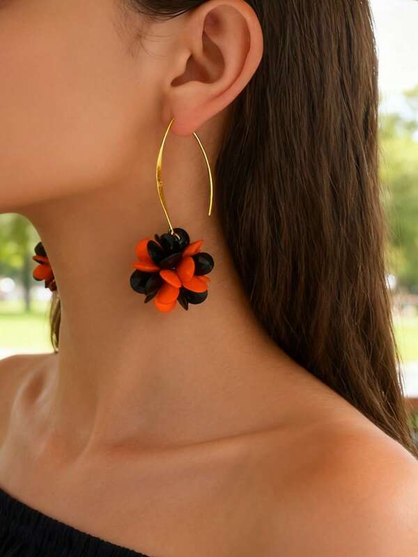 1 Pair Bohemian Fashion Versatile Elegant French Random Acrylic Woven Flower Bud Ball Dangle Earrings, Suitable For Women's Daily, Party, Wedding Matching