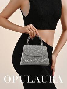 OpulAura 女士时尚银色水钻翻盖晚宴包，闪耀优雅奢华水晶装饰派对手拿包/单肩包，适合搭配正式礼服、参加派对、盛大晚宴、生日庆典、新娘配饰、婚礼等场合。 - 銀色 - 查看 6