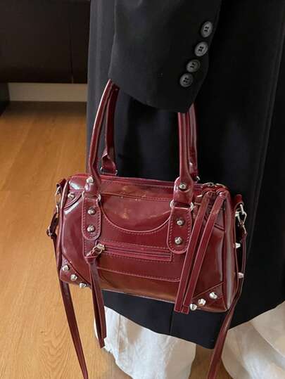 حقيبة كتف ذات سعة كبيرة بلون أحادي عتيق، موديل خريف/شتاء 2025 الجديد، حقيبة بوسطن/حقيبة تسوق مريحة متعددة الاستخدامات، مزينة بالزيبر والدبابيس، مناسبة للاستخدام اليومي والتسوق والسفر