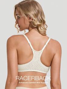 Deyllo 前扣式深V钢圈文胸 - 时尚性感提花面料,宽肩带,露背设计,轻盈舒适,适合日常穿着的丰满身材塑形内衣 - 白色 - 查看 3