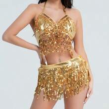 2 Peças Conjunto de Fantasia de Dança do Ventre para Mulheres, Lenço de Quadril com Franjas Bordadas e Top de Maiô Bikini, Acessório para Carnaval, Festival, Festa e Clubes