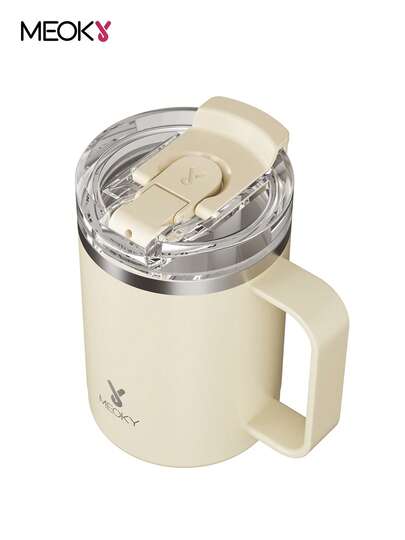 Meoky 14oz Stainless Steel Insulated Tumbler With Handle - Leak-Proof, Thermal Travel Mug With Straw, Vacuum Insulated, Hot & Cold