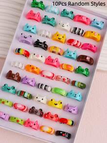 10/20/30个可爱卡通动物树脂戒指，青蛙、小猫、小鸡，条纹图案，日常佩戴，节日礼物配饰 - 動物樹脂戒指混 - 查看 13