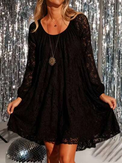 Elegant Plus Size Black Lace Dress, Long Sleeve Round Neck, Flared Hem, Suitable For Any Occasion