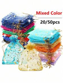 20/50/100pcs Mixed Color Moon & Star Pattern Drawstring Organza Bags - Jewelry Gift Bags, Favor Bags, Candy Bags, Suitable For Wedding, Party, Valentine's Day, Mother's Day - Reusable, Mesh Cosmetic Organza Gift Bags - Multipurpose Party Supplies - Multicolor - View 1