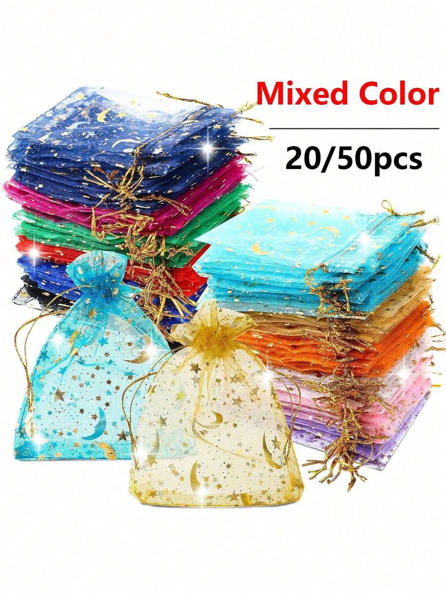 20/50/100pcs Mixed Color Moon & Star Pattern Drawstring Organza Bags - Jewelry Gift Bags, Favor Bags, Candy Bags, Suitable For Wedding, Party, Valentine's Day, Mother's Day - Reusable, Mesh Cosmetic Organza Gift Bags - Multipurpose Party Supplies - Multicolor - View 1