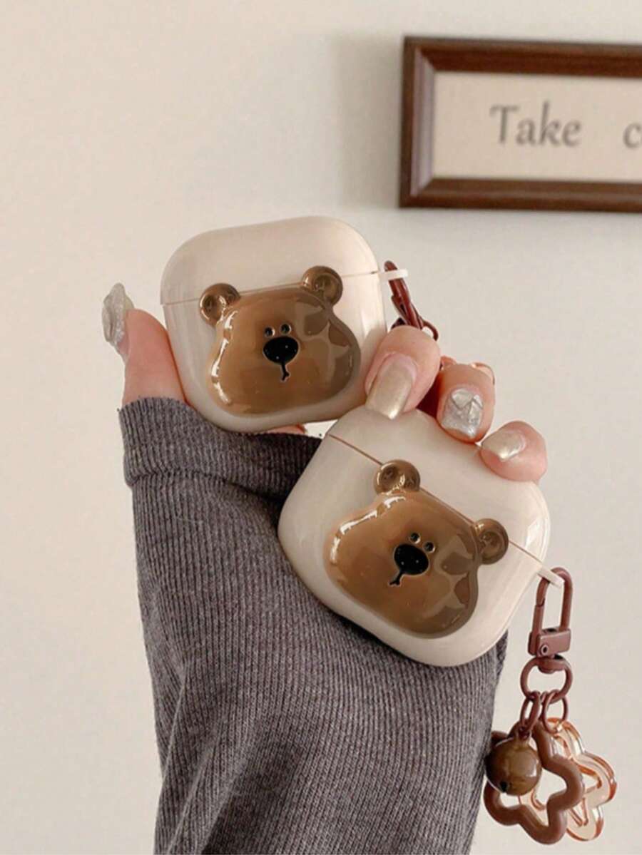 1pc Cute Bear Design Protective Case Compatible With Apple Bluetooth Earphones 1/2/3/4, Pro/Pro2/Pro3 - Brown - View 1
