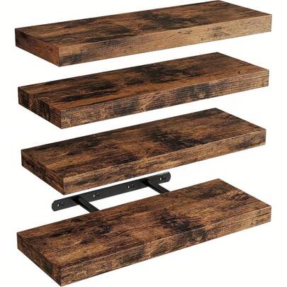 Senmeo 4pc Vintage Natural Wood Floating Shelves (Rustic Style), Invisible Brackets For Living Room/Home