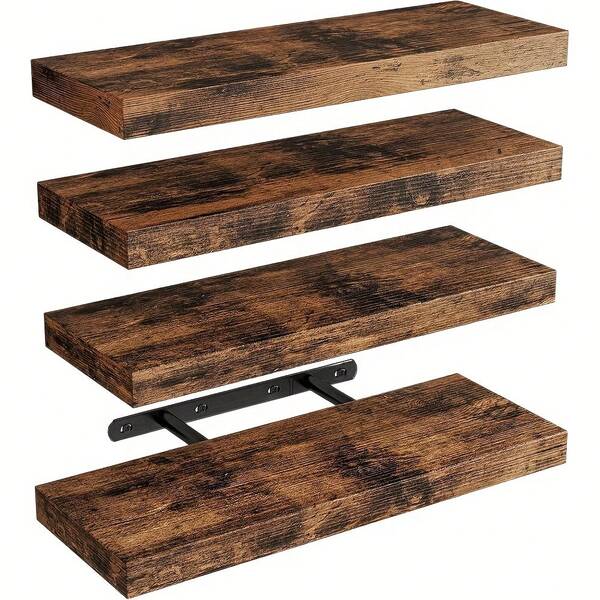 Senmeo 4pc Vintage Natural Wood Floating Shelves (Rustic Style), Invisible Brackets For Living Room/Home