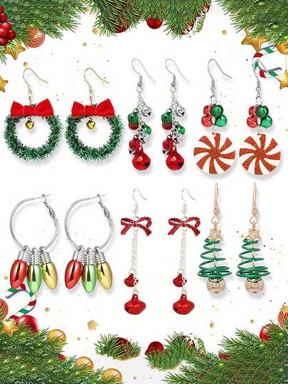 6 Paar/Set bunte Weihnachtsglocken, Glühbirnen, rote Schleifen, Legierung grüner Weihnachtsbaum, grüne Kreis-Ohrringe, Weihnachtsschmuckset, Weihnachtsabend, Weihnachtsparty Accessoires