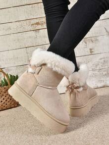 1 Pair Women's Winter Butterfly Hook And Loop Thick Plush Lining Mid-Calf Snow Boots, Fashionable And Sweet Style With Plush Details, Warm And Comfortable For Daily Wear - 米色 - 查看 3