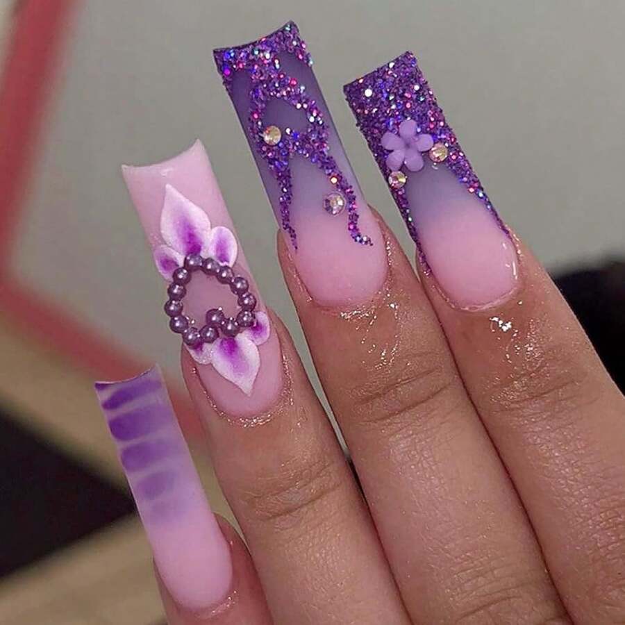 Purple Press On Nails Heart Fake Nails Tips Full Cover False Coffin Long Fire Nails For Women And FFgirls 24PCS{Inchcolor_nameinch:InchNails-14inch} - 釘子-14 - 查看 1