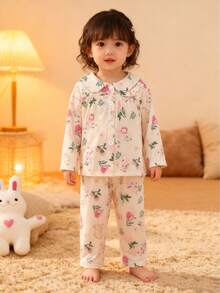 女婴淡桃色兔子和花卉印花领开衫和裤子两件套休闲家居服 - 彩色 - 查看 2