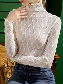 High Neck Lace Camisole Women, Slim Fit Long Sleeve Undershirt, Fashionable Black T-Shirt For Women, Spring & Autumn - White - View 3