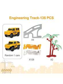 135件套儿童赛车轨道搭建玩具套装，包含工程卡车和赛车玩具，灵活的工程道路，电池供电（36V及以下），适合3-12岁男孩女孩，电动轨道赛车玩具，可连接轨道，非常适合作为圣诞节、复活节、万圣节、新年、生日礼物，不含电池