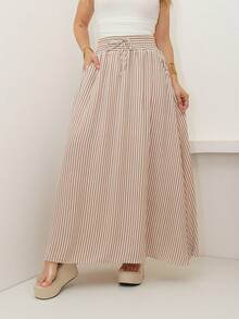 AMY FASHION STRIPED LENGTH SKIRT WITH SLIT AND BAG, THICK WAIST, 2025 FASHION - 卡其色 - 查看 4