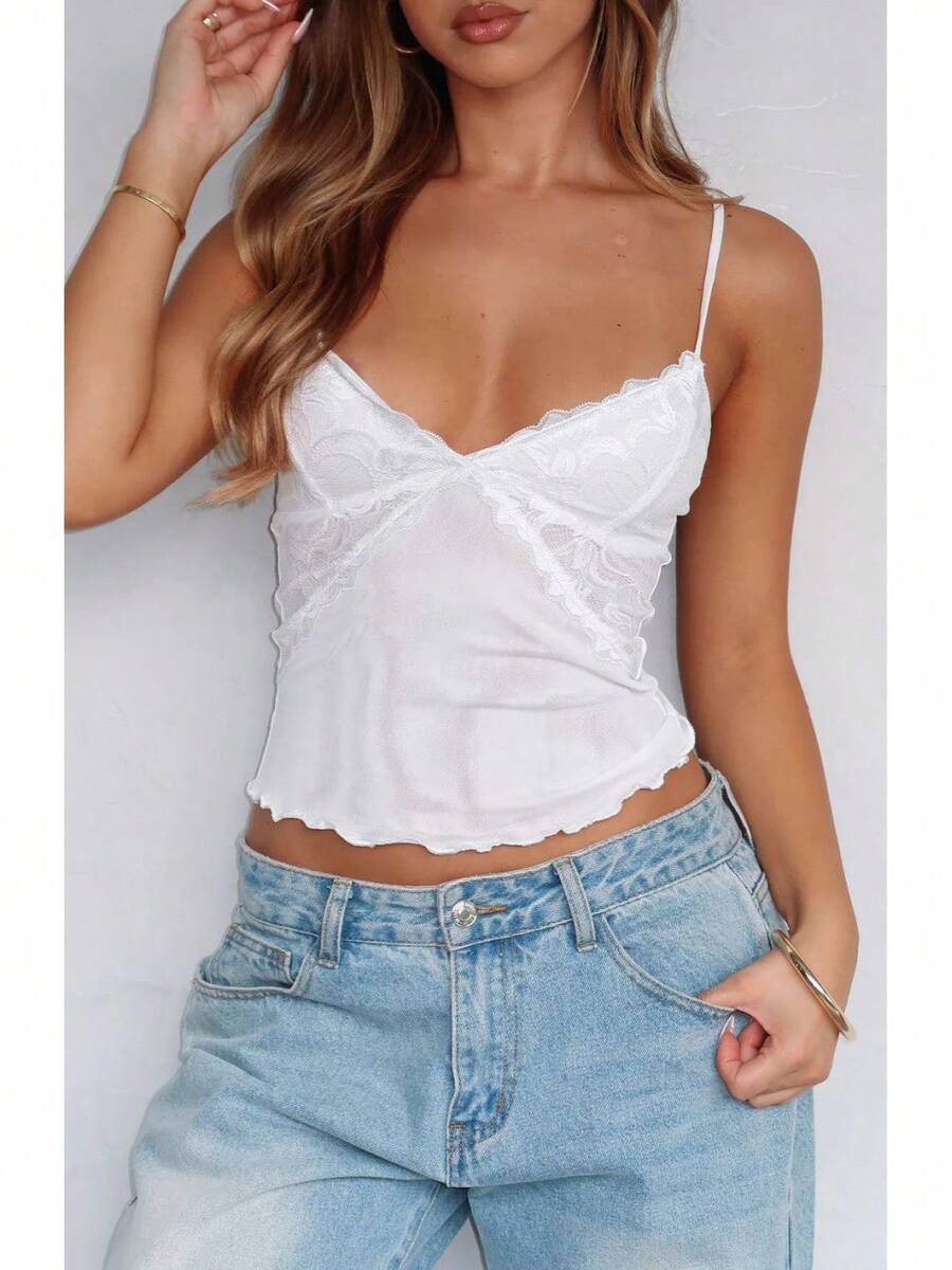 European And American Style Sexy V-Neck Lace Patchwork Solid Color Camisole New Slim Fit Versatile Top - 白色 - 查看 1