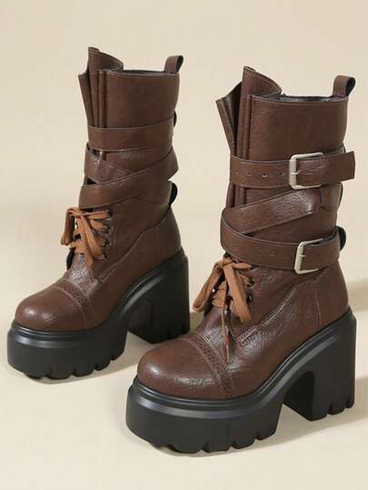 Botas de mujer estilo británico de primavera/otoño 2025, botas retro de media pantorrilla, botas de tobillo con suela gruesa en color negro