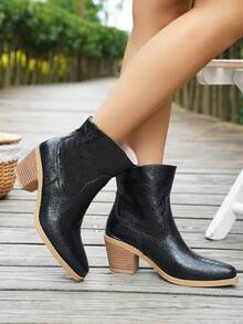 Bottes de cheville à talon épais pour femmes grandes tailles - Noir - Voir 5