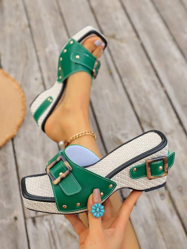 Women's Retro Bohemian Buckle Decor Thick Bottom Mule Clogs - Square Toe Woven Wedge Wooden Clogs, Summer Holiday Chic Style Shoes, Solid Color Bohemian Street Buckle Rivet Beach