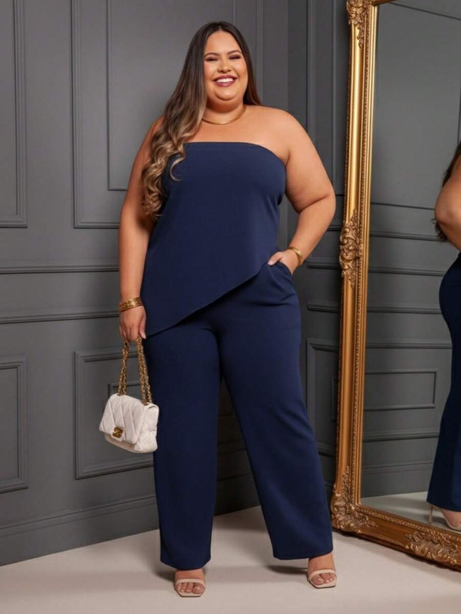 Women's Plus Size Set: Straight Leg Pants And Blouse With Asymmetrical Hemline - Spring/Summer Look, New Year's Eve, Christmas - 藍色 - 查看 1