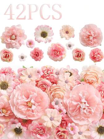 42 piezas de cabezas de flores artificiales, cabezas de flores simuladas, rosas, margaritas, peonías, adecuadas para arreglos de mesa de boda, suministros para fiestas, decoraciones florales ligeras, bodas, fiestas, decoración del hogar, decoración de flores para birretes de graduación, entusiastas de manualidades