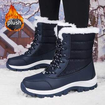 Höst/vinter dammode i blå snöstövlar, lätta, vattentäta, varma höga snöstövlar, herrstövlar, köldtåliga utomhusskor, dragkedja fram, pälskrage, höga stövlar i plusstorlek, enfärgade stövlar för par, storlek 36-47