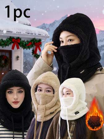 1pc Winter Thick Warm Face Mask Hat - Elastic Drawstring Design, Lightweight & Warm, Suitable For Cycling, Skiing And Other Outdoor Sports, Solid Color Fleece Windproof Ear-Covering, Unisex
