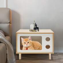 SENDERPICK Cuccia per gatti in legno massello di alta qualità, cuccia per gatti, a forma di TV con finestra, cuccia per gatti, rifugio per gatti per uso esterno, cuccia per gatti da interno, resistente alle intemperie per giardino/balcone, uso interno ed esterno, cuccia 50 * 29 * 40 cm, in legno - Colore legno naturale - 50*29*40cm - Visualizzare 11